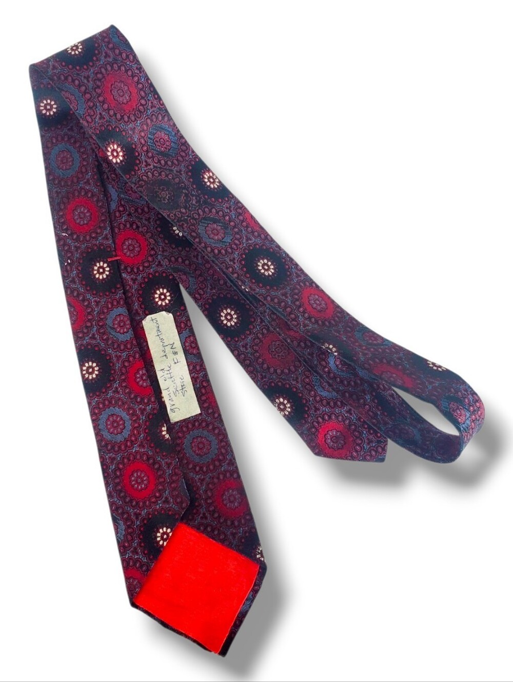 Rare Christian Dior Necktie Frederick & Nelson Seattle Silk Tie Red Blue Medalli